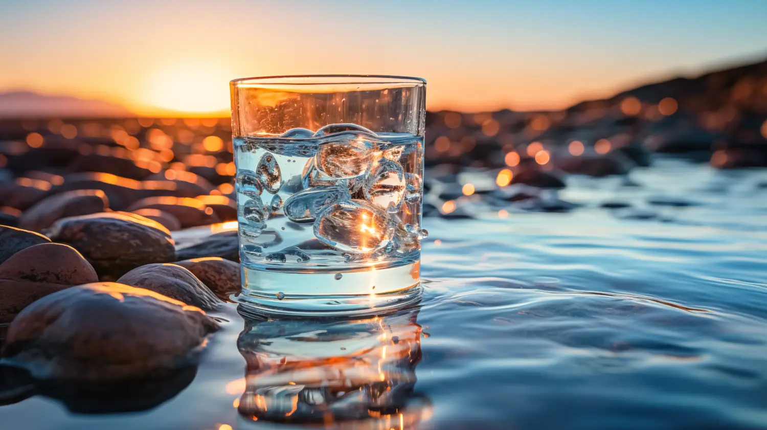 Ein Glas kaltes Wasser mit Eiswürfeln am Meeresufer bei Sonnenuntergang