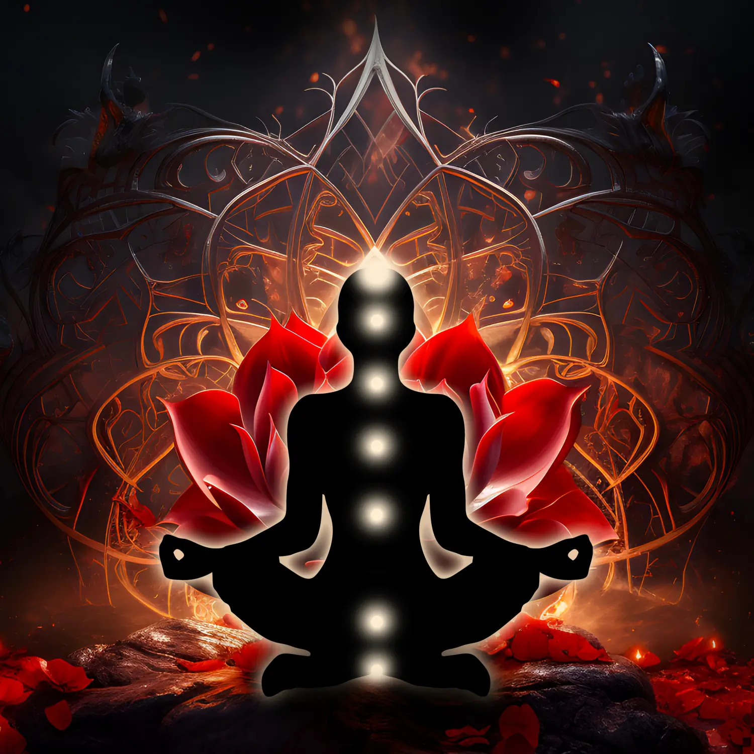 Wurzel-Chakra-Meditation in Yoga-Lotus-Pose, vor Muladhara-Chakra-Symbol / tiefroter Lotusblume.